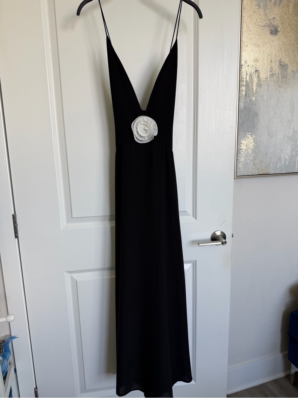 Black Plunging V Rosette Maxi Dress Open Back Cross Strap Gown